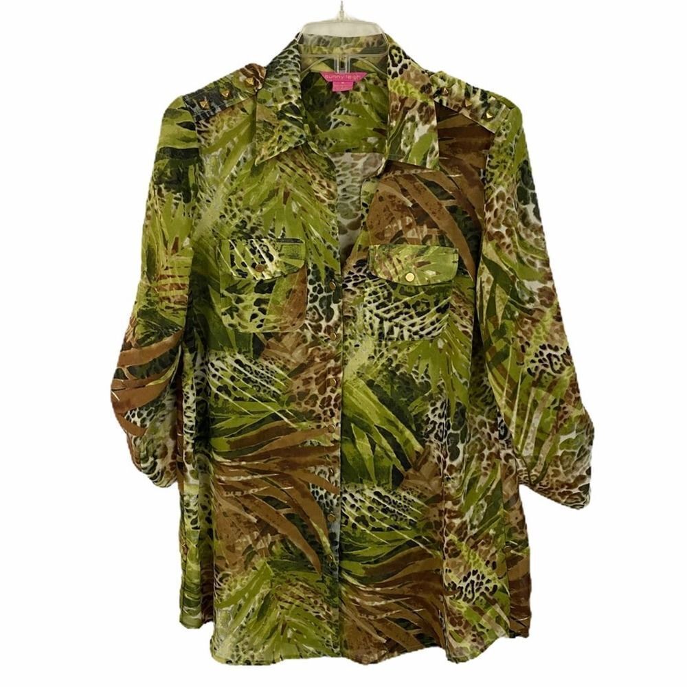 Sunny Leigh Safari Animal Print Graphic Button Down Sheer Blouse Size Medium